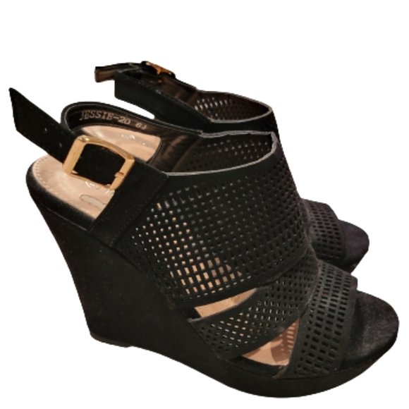 2/$18 Top Moda Black Suede Slingback Wedge Open Toe Heel 6.5 Buckle Open Back - Picture 2 of 8